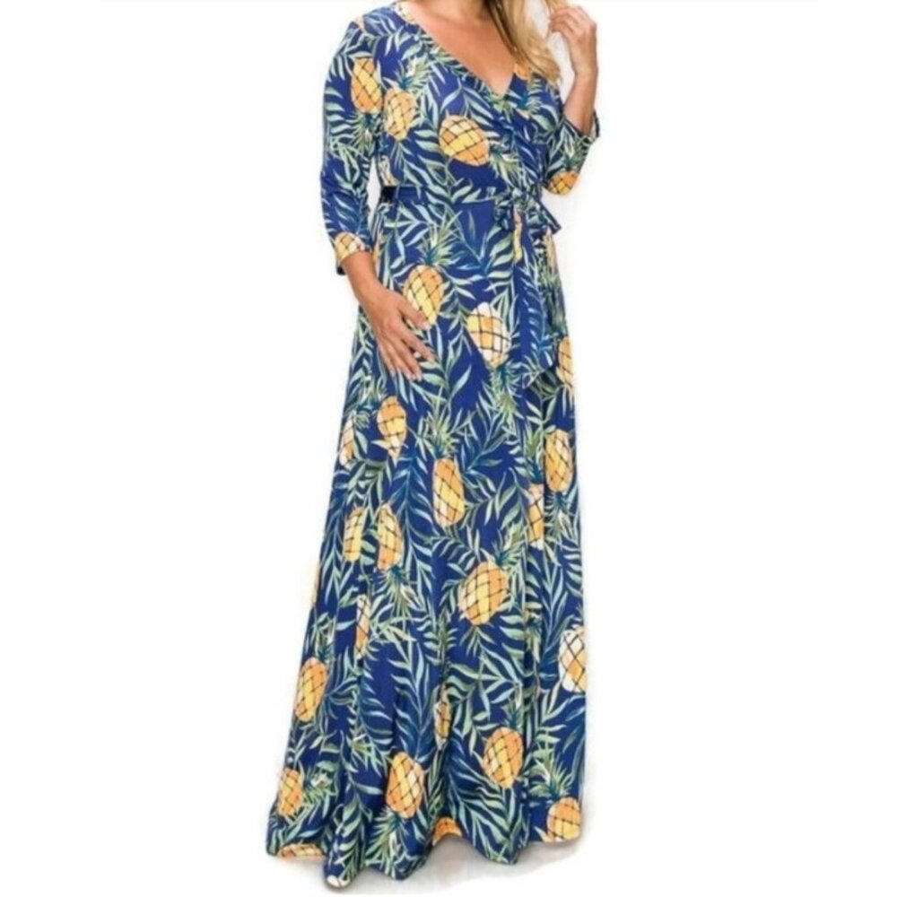 Janette Fashion Pineapple Green Floral Faux Wrap Maxi Plussize Dress